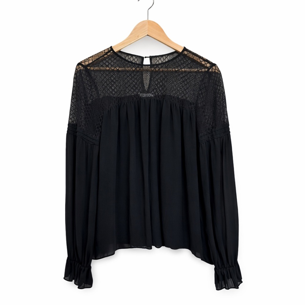 Parker Black Silk Lace Blouse M Sheer Yoke Boho Romantic Long Sleeve Top - Picture 2 of 7